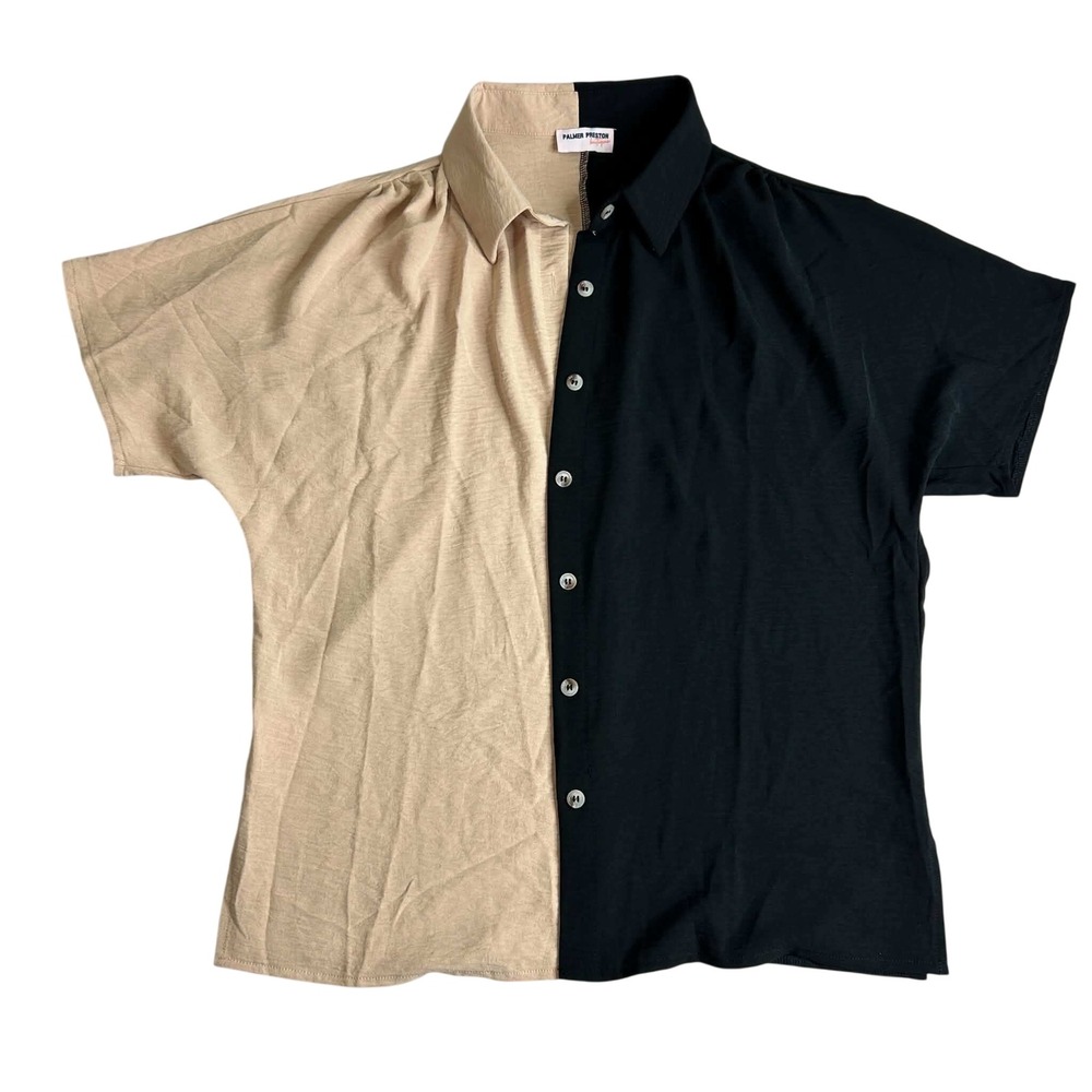 Palmer Preston Boutique Two Tone Split Button Down Top Tan Black Large
